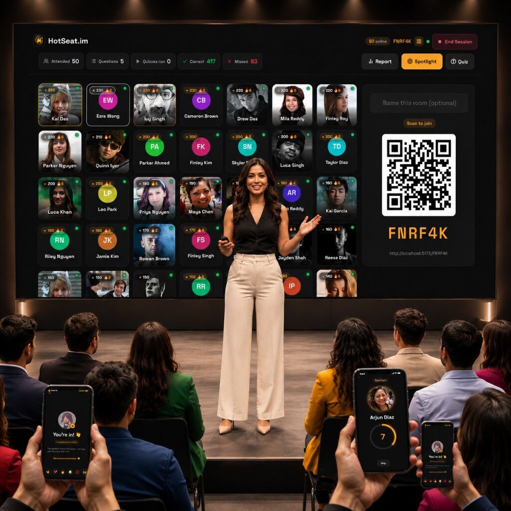 A presenter on stage with HotSeat.im on the big screen while the audience joins and plays live from their phones