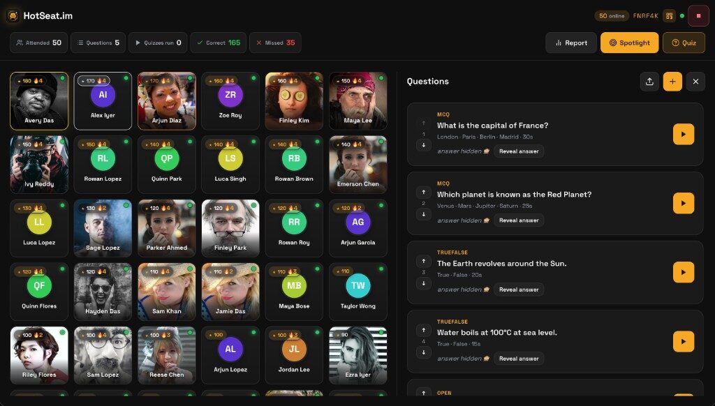 HotSeat.im quiz builder showing a list of multiple-choice and true/false questions ready to push live to the room